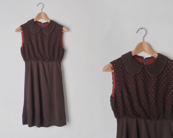 1960s Brown Mini Dress • Sleeveless Dress with Cro