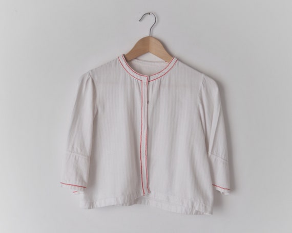 French Antique White Cotton Blouse with Red Embro… - image 2