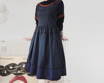 Vintage F/W81 Kenzo Cotton Midi Dress • 1980s Documented Kenzo Navy Striped Dress with Pockets