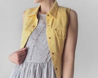 1990’s Escada Denim Jacket • Pastel Yellow Denim Vest • Vintage Escada Sleeveless Denim Jacket • XS