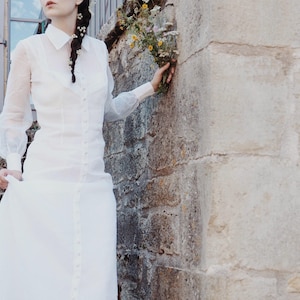Vintage White Organdy Wedding Dress • 1960’s Sheer Pleated Bib Bridal Gown with 37 Decorative Buttons
