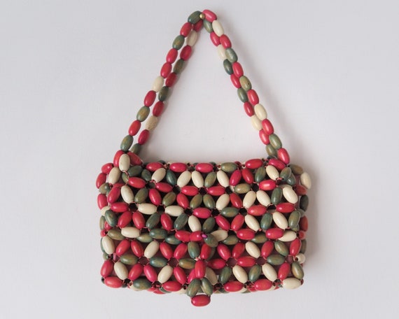 Vintage Colored Wood Beads Purse • Pink, Green & … - image 4