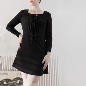 Vintage Louis Feraud Little Black Dress in Wool Crepe • Late 60’s Black Mod Mini Dress with Bows