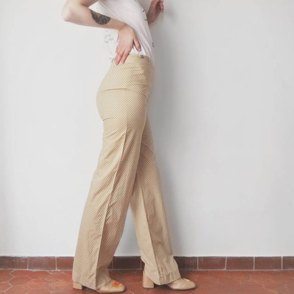 Vintage 70s Cacharel Wide Leg Pants in Beige Cotton • 1970’s NOS Cacharel Printed Cotton High Waisted Pants