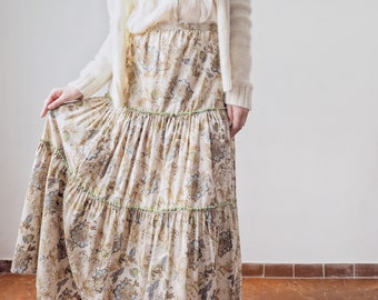 Vintage Beige Cotton Tiered Midi Skirt • 90s Pastel Floral Tapestry Print Skirt