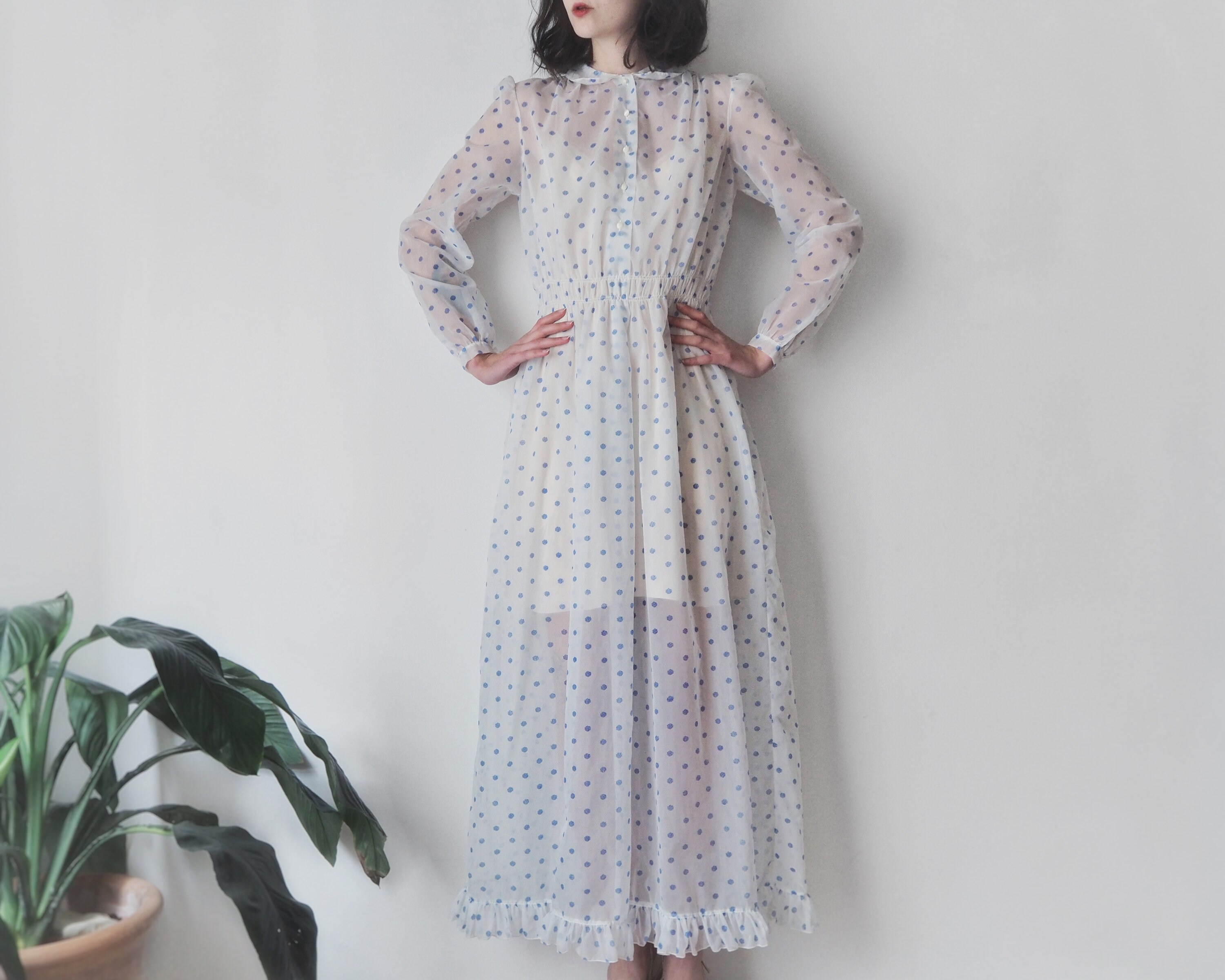 1960s Sheer Polka Dot Dress Blue 