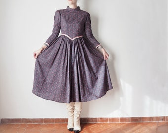 Vintage Prairie Dress with Dark Floral Print • 70's Floral Midi Dress