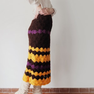 Vintage 70s Crochet Skirt in Brown, Yellow & Purple Wool • 1970s Fitted Crochet Midi Skirt