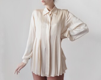 Vintage 0001 Studio by Ferre Cream Satin Shirt • Gianfranco Ferré Pleated Silk Blouse