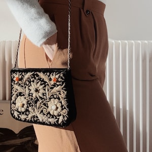 Vintage Black Velvet Zardozi Bag • 1970’s Embroidered Evening Purse with Cabochon Stones