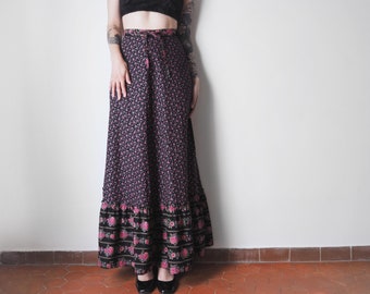 Vintage 70s Floral Maxi Skirt • 1970s Black Skirt with Pink Flowers Print