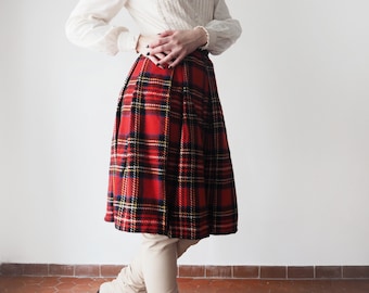 Vintage Red Tartan Skirt with Pleats • 80s Red Wool Plaid Pleated Skirt