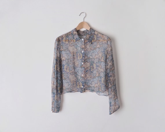 1970s Printed Silk Blouse • Sheer Gray Blue Shirt