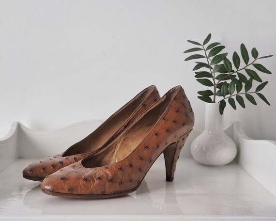 1980s Celine Tan Ostrich Pumps • Vintage Celine He