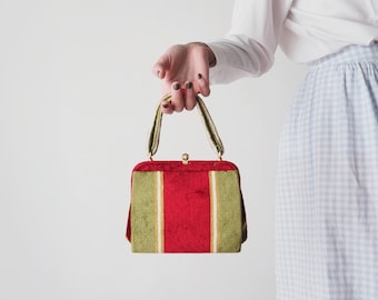 60s Velvet Mini Handbag • Vintage Olive Green & Wine Carpet Velvet Trapeze Purse