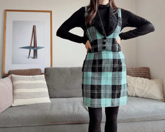 1990s Plaid Skirt 1990s Vintage Plaid Wool Skirt Set • Tartan Blue