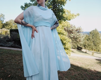 Vintage Goddess Dress with Statement Sleeves • 70s Light Blue Sheer Party Dress