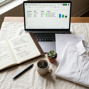 May include: A laptop displaying a Job Search Dashboard spreadsheet, an open notebook with handwritten interview preparation notes, a resume document, a white button-down shirt, a black pen, and a small potted succulent with a cup of coffee.