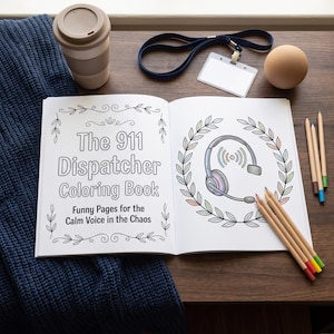 May include: An open colouring book titled The 911 Dispatcher Colouring Book: Funny Pages for the Calm Voice in the Chaos. The right page features a coloured illustration of a headset inside a laurel wreath. Several coloured pencils lie nearby.