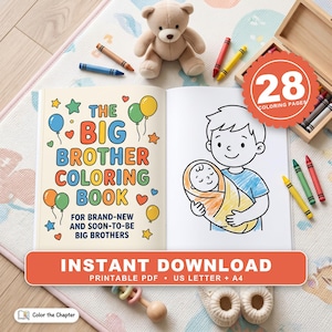 以下が含まれることがあります： 「The Big Brother Coloring Book」というタイトルの開かれた塗り絵で、28ページの塗り絵が含まれています。左のページにはカラフルな風船と星が描かれ、右のページには子供が赤ちゃんを抱いている白黒の線画が描かれています。