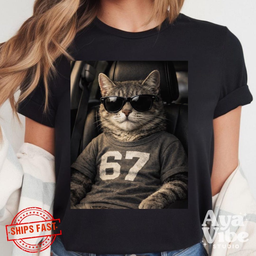 67 Cat Sunglasses Retro T‑shirt | Six Seven Cat Meme | Funny Gen Alpha ...