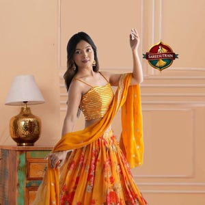 Embroidered Rust Orange Peplum Top Lehenga Set: Floral Indian Wedding Outfit image 3