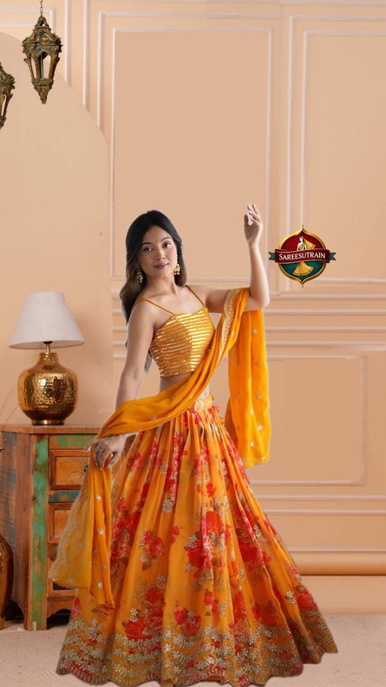 Embroidered Rust Orange Peplum Top Lehenga Set: Floral Indian Wedding Outfit image 3