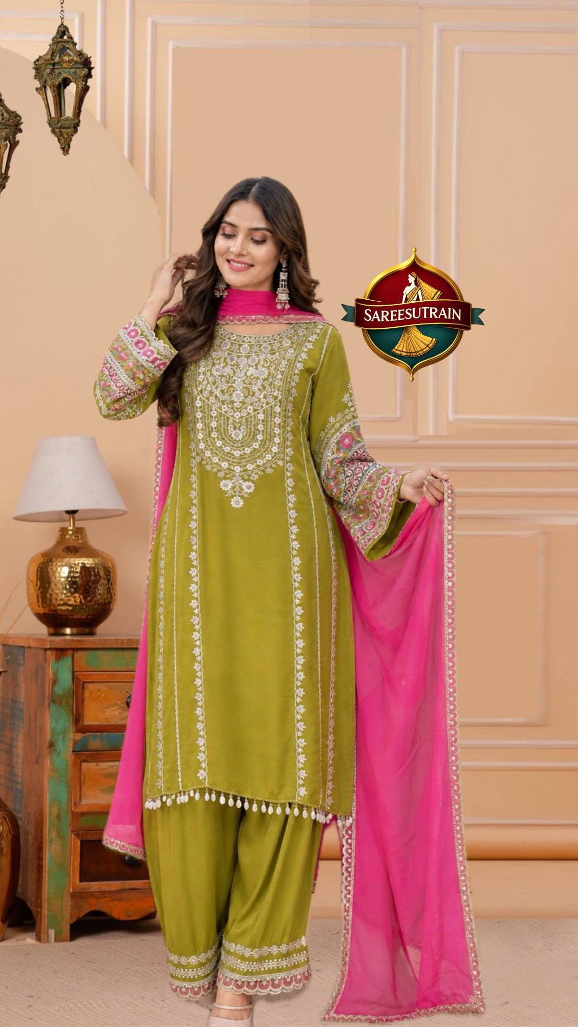 pink and green indian dress Sheila Satin Dress | Stunner Boutique main image 0