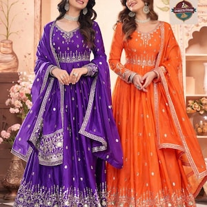 American Silk Anarkali Gown, Thread Sequence Work, Pakistani Dress