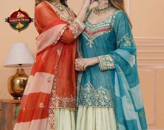 Embroidered Rust Orange straight Kurti Lehenga Set: Indian Wedding Outfit