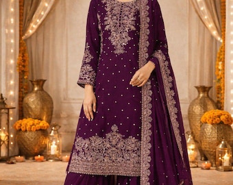 Pakistani Designer Zari Embroidered 3 pc Blue Velvet Straight Kurta Palazzo Set with Dupatta, Partywear dress, Winter Salwar Kameez Set