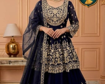Navy Blue Embroidered Peplum Lehenga Set with Dupatta, Indo Western Indian Wedding Guest Outfit