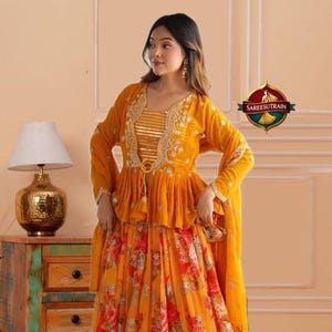 Embroidered Rust Orange Peplum Top Lehenga Set: Floral Indian Wedding Outfit image 2