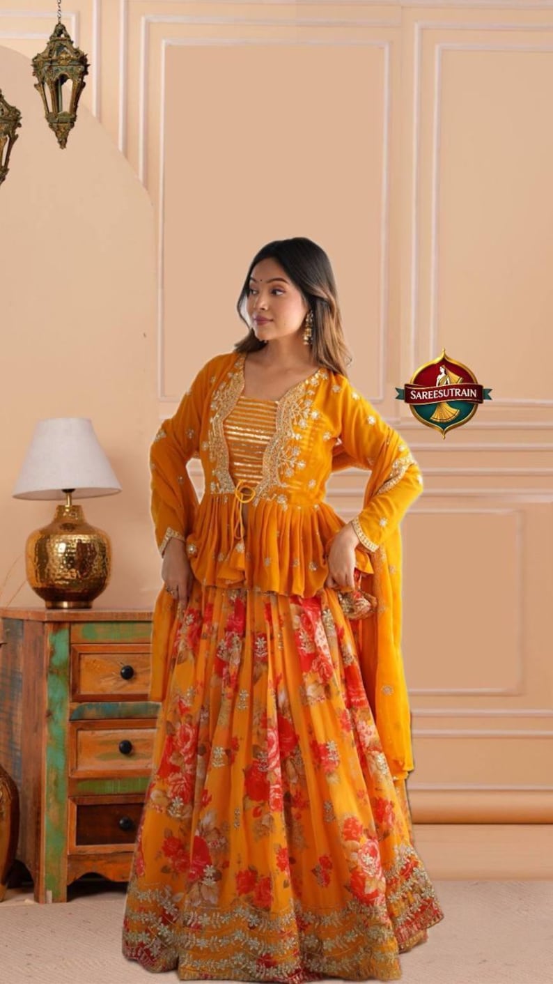Embroidered Rust Orange Peplum Top Lehenga Set: Floral Indian Wedding Outfit image 2
