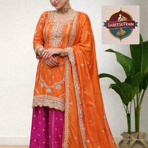 Orange Pakistani Salwar Kameez, Thread Sequence Work, Plus Size