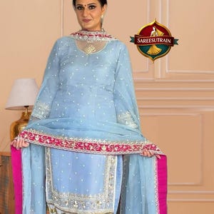 Sky Blue Embroidered Pakistani Suit Set with Farshi Palazzo, Eid Wedding Outfit