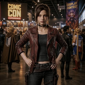 May include: A person wearing a dark red leather motorcycle jacket with silver zips and a black choker, paired with a dark grey top and dark denim jeans featuring a brown leather belt and holster-style attachments at the waist.
