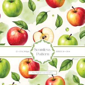 Patrón sin costuras de manzana roja y verde, papel digital de acuarela, mosaico con patrón de frutas de huerto para impresión textil, scrapbooking y embalaje.