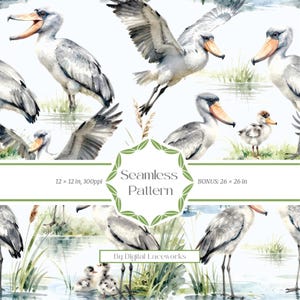 Sömlöst mönster med stork och skonäbb, akvarell exotisk fågel digitalt papper för tygtryck, ytdesign och scrapbooking