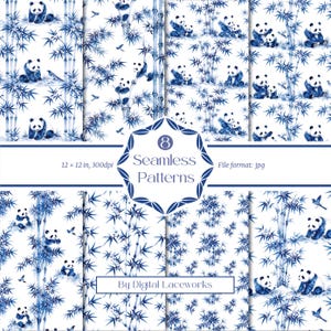 May include: Eight seamless patterns featuring panda bears and bamboo in shades of blue and white. The patterns include panda bears, bamboo stalks, and birds. The image text says "12 x 12 in, 300dpi" and "By Digital Laceworks".