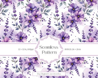 Watercolor Lavender Botanical Pattern | Seamless Floral Texture | Purple Digital Pape