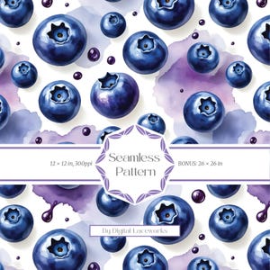 Blueberries Seamless Pattern • Watercolor Berry Digital Paper for Fabric Printing, Digital Wallpaper, and Packaging Design