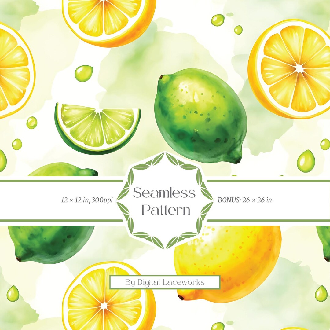 Watercolor Lemon and Lime Seamless Pattern, Citrus Fruit Digital Paper ...