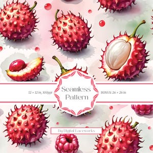 Rambutan Seamless Pattern Tile, Exotic Tropical Watercolor Fruit Digital Paper for Fabric Printing, Packaging Design & Surface Design