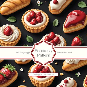 Motif sans couture de pâtisserie aux fraises • Papier numérique foncé élégant pour desserts • Carrelage à motif de produits de boulangerie