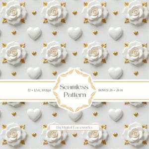 Padrão romântico sem costura – Rosas e corações de porcelana 3D brancos e dourados para scrapbook digital