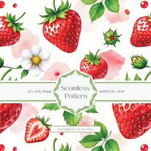 Watercolor Strawberry Seamless Pattern – Strawberries, Leaves and Blossoms Digital Paper Tile for Fabric & Surface Design