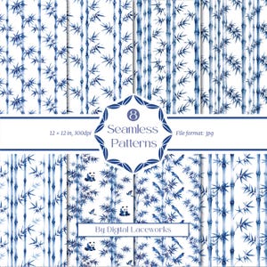 May include: Eight seamless patterns featuring blue bamboo designs on a white background. The patterns include bamboo stalks and leaves, with some featuring pandas and birds. The image includes the text "12 x 12 in, 300dpi" and "By Digital Laceworks."