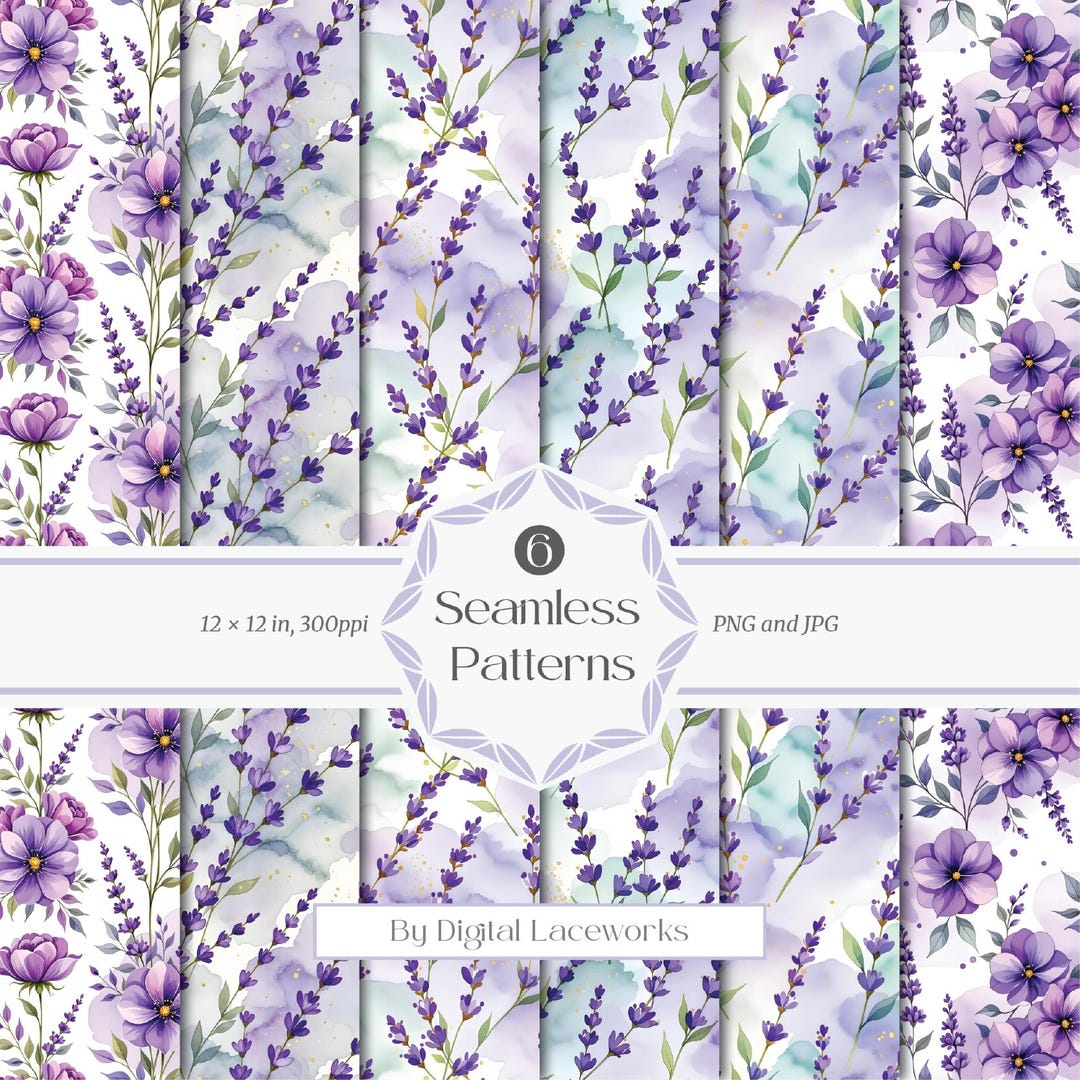 Lavender Watercolor Floral Seamless Pattern Bundle – Romantic Botanical ...