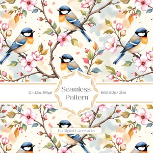 Chinoiserie Bluebirds sömlöst mönster kakel, akvarell fåglar på körsbärsträd för tygtryck och ytdesign
